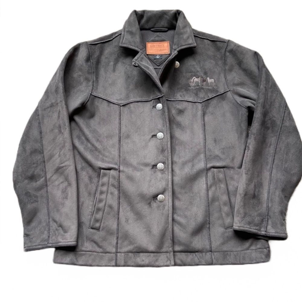 OUTBACK SUEDE LOOK BUTTON UP JACKET HORSE EMBROIDERED SIZE MEDIUM